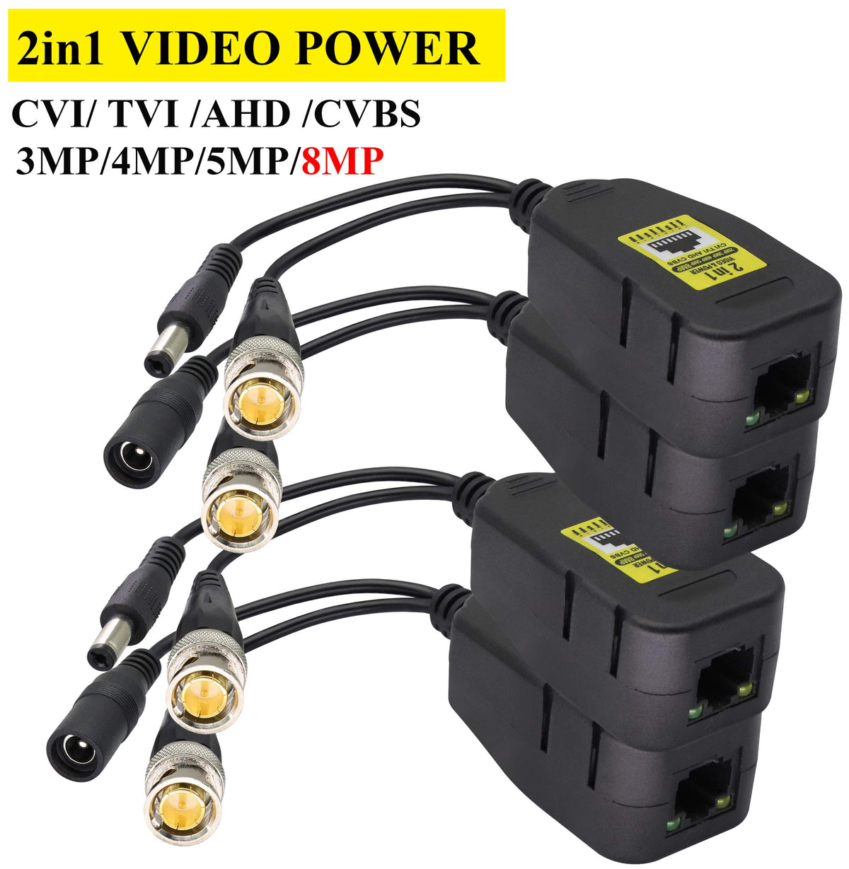 Transceptor de Red AAOTOKK Power Video Balun Negro con Conector DC para Sistemas de Cámara CCTV HD-CVI/TVI/AHD/CVBS