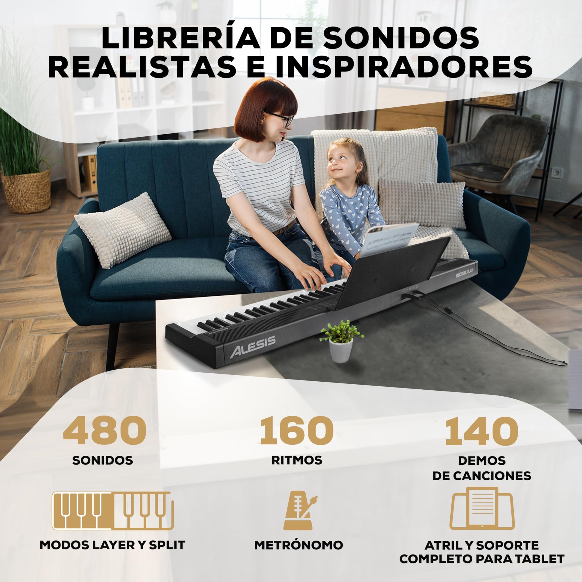 Alesis Teclado piano con 88 teclas y 480 sonidos, altavoces, MIDI USB, atril, adaptador de corriente y lecciones de piano para principiantes