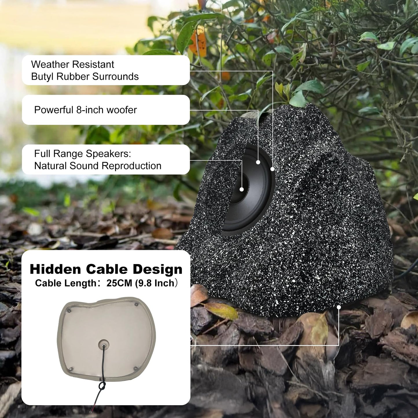 Herdio 8" Altavoces de Roca al Aire Libre Hardwired 600 vatios, diseño Impermeable IPX6 para Piscina, jardín, Cubierta, y Actividades al Aire Libre (par)