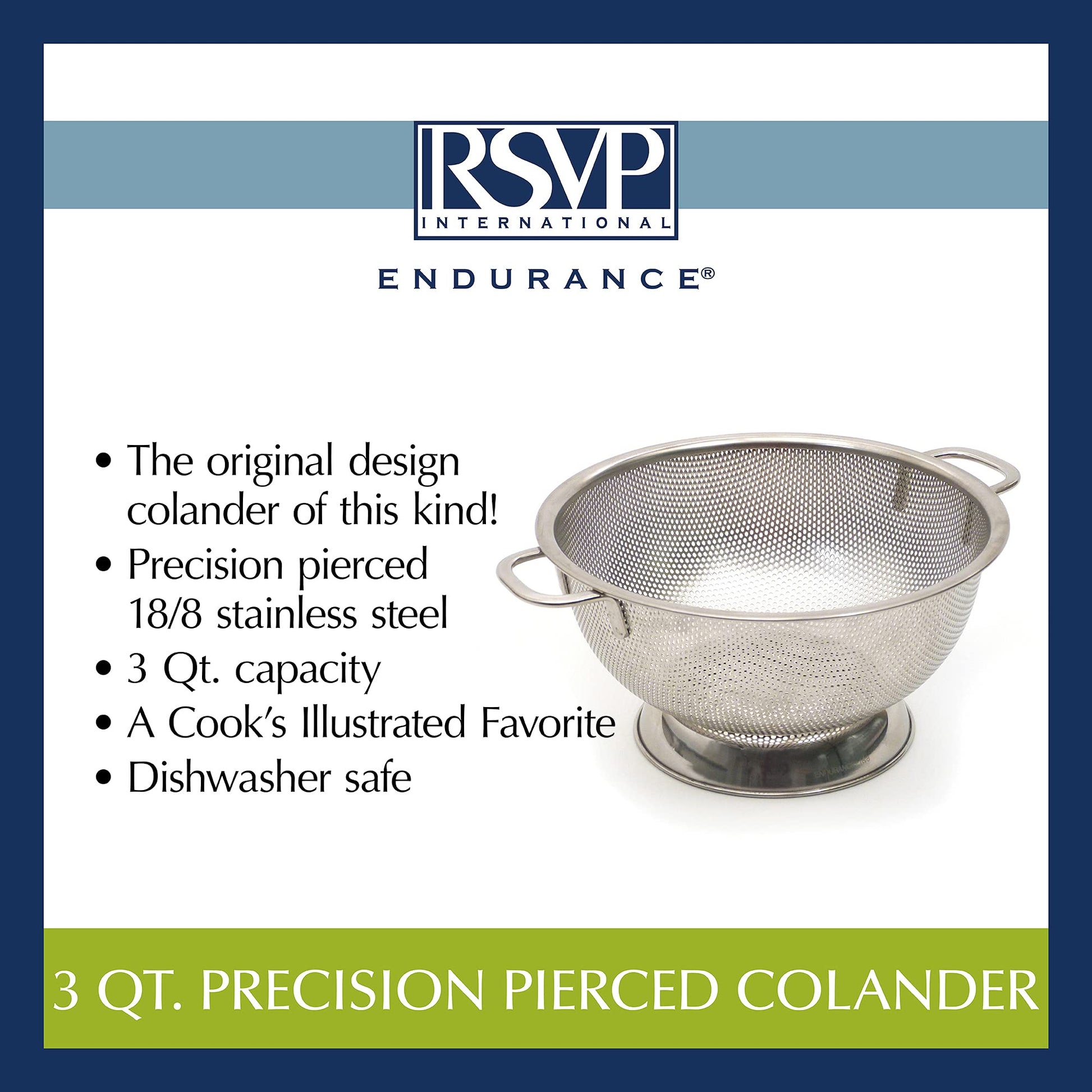Colador Strainer RSVP International Endurance Acero Inoxidable Perforado 3 Cuartos