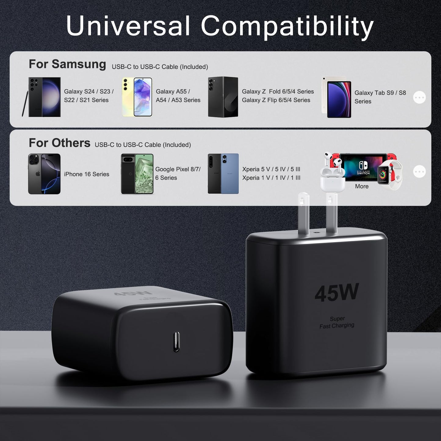 Cargador Samsung 45W Super Rápido USB C, Compatible con Samsung Galaxy S25/S24/S23/S22 Ultra, Cargador de Repuesto, 2 en 1, Viaje, 18 Meses de Garantía