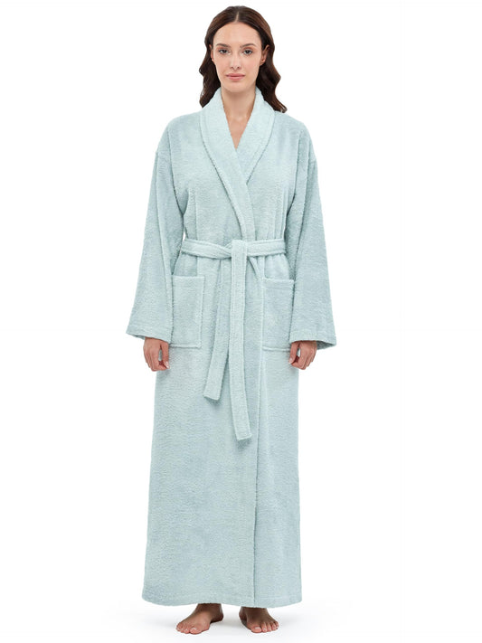 Arus Bata de mujer con cuello chal, bata de baño de algodón turco de felpa, largo hasta el suelo, color verde menta, talla L/XL