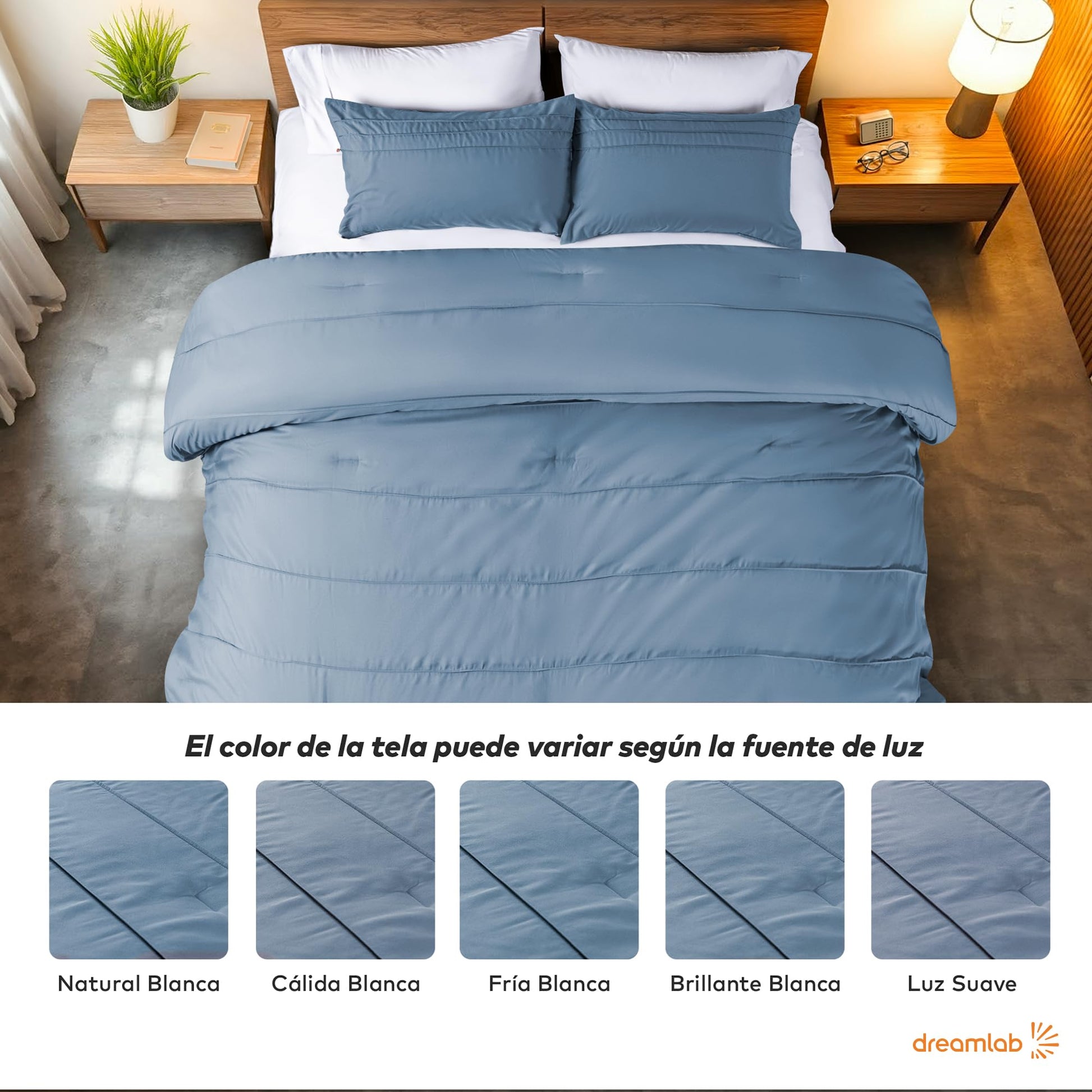 Dreamlab Juego Edredón Acolchado Reversible, Plisado, Ultra Suave, Hipoalergénico, Incluye 1 Funda de Almohada, Ideal para Todo el Año. Set 3 Pzas, Tamaño Individual 162x223cm, Azul Mezclilla