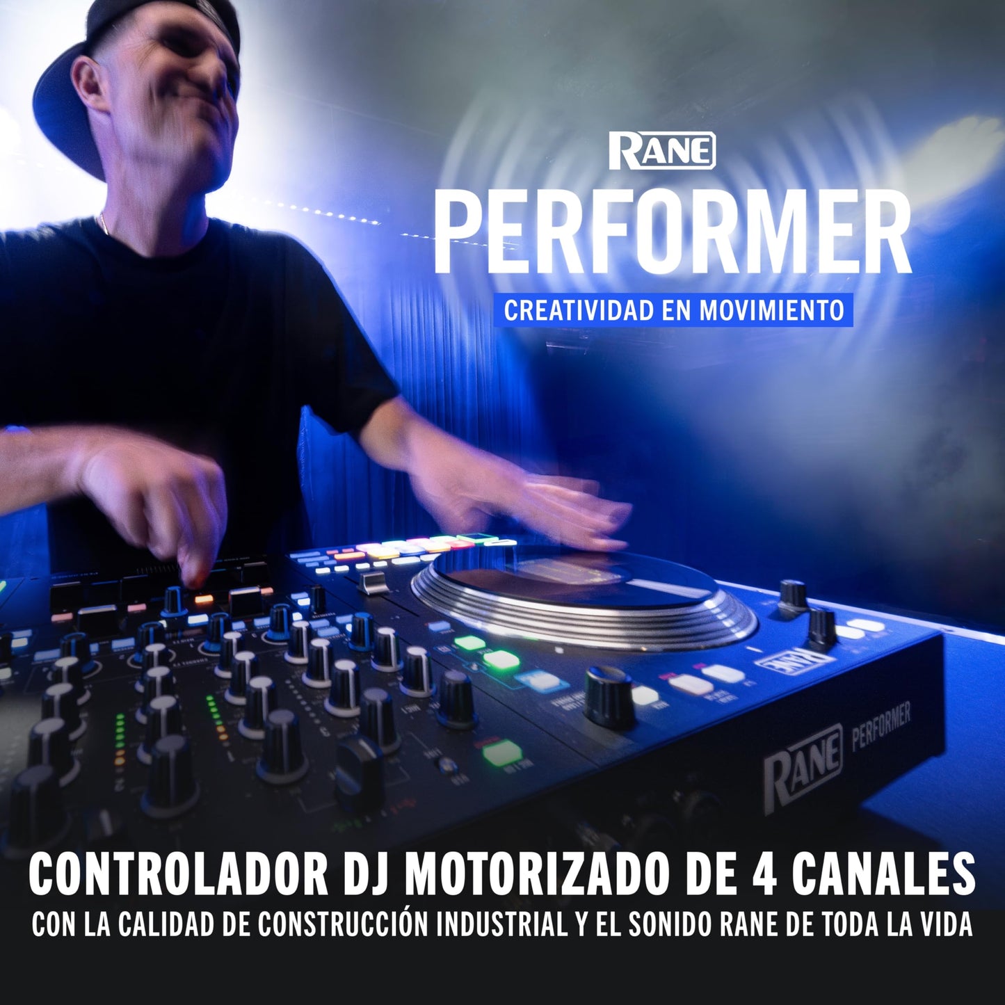Controlador DJ Rane Performer Negro Motorizado 4 Canales con Platos 7" Displays Faders Precision Feel Stems FX Avanzado Serato DJ Pro