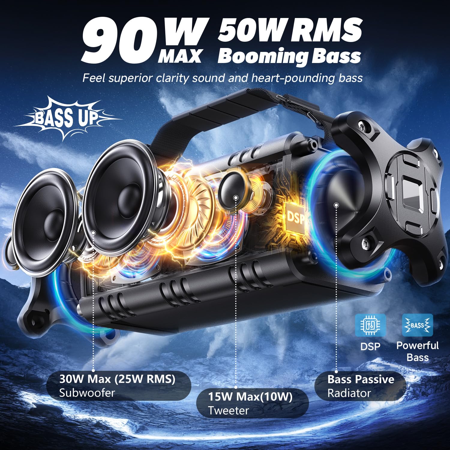 W-KING Altavoz Bluetooth Potente 90W con Graves Profundos, IPX6 Impermeable, Bocina Boombox Grande para Exteriores, Altavoz portáti Inalámbrico, Subwoofer, 24 Horas, Banco de Energía,TF, NFC, AUX, EQ
