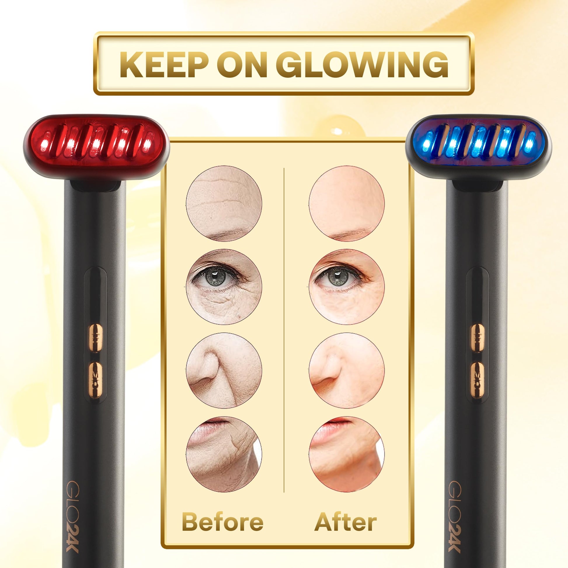 Varita de Terapia de Belleza GLO24K Dorada 6 en 1 con Luz LED, Térmica, Vibración y Microcorriente para Rostro, Ojos y Cuello