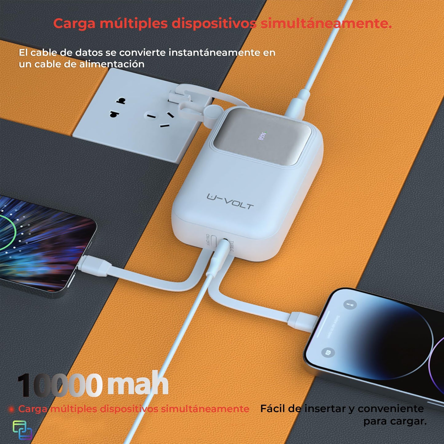 CELULARTE Power Bank U-Volt 10,000 mAh con Cables Integrados, Carga Rápida 22.5W, Batería Portátil con Pantalla Digital para iPhone, Samsung, Xiaomi, iPad y Más (Blanco)
