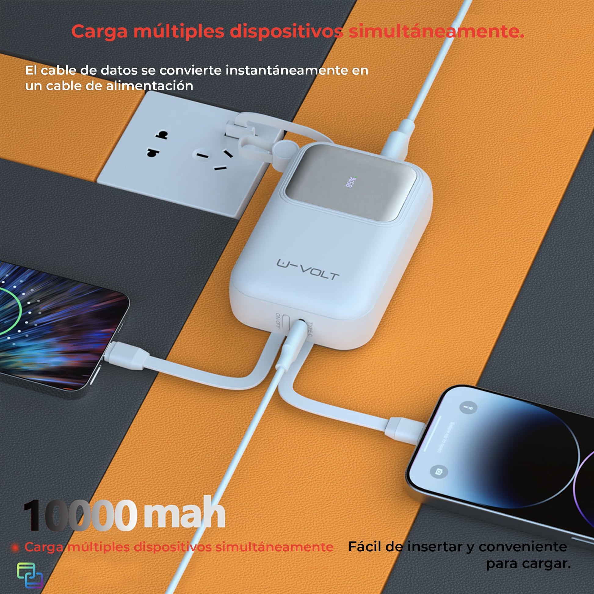 CELULARTE Power Bank U-Volt 10,000 mAh con Cables Integrados, Carga Rápida 22.5W, Batería Portátil con Pantalla Digital para iPhone, Samsung, Xiaomi, iPad y Más (Blanco)