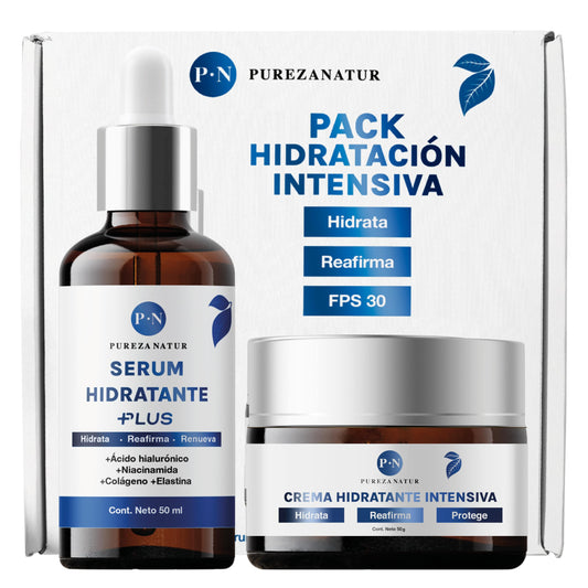 PUREZA NATUR Pack Hidratante intensivo serum Ácido hialurónico facial hidratante PLUS + Crema de hidratación intensiva | Paquete completo suero + crema para el cuidado de la piel, hidratación y rejuvenecimiento (Pack Hidratante intensivo)