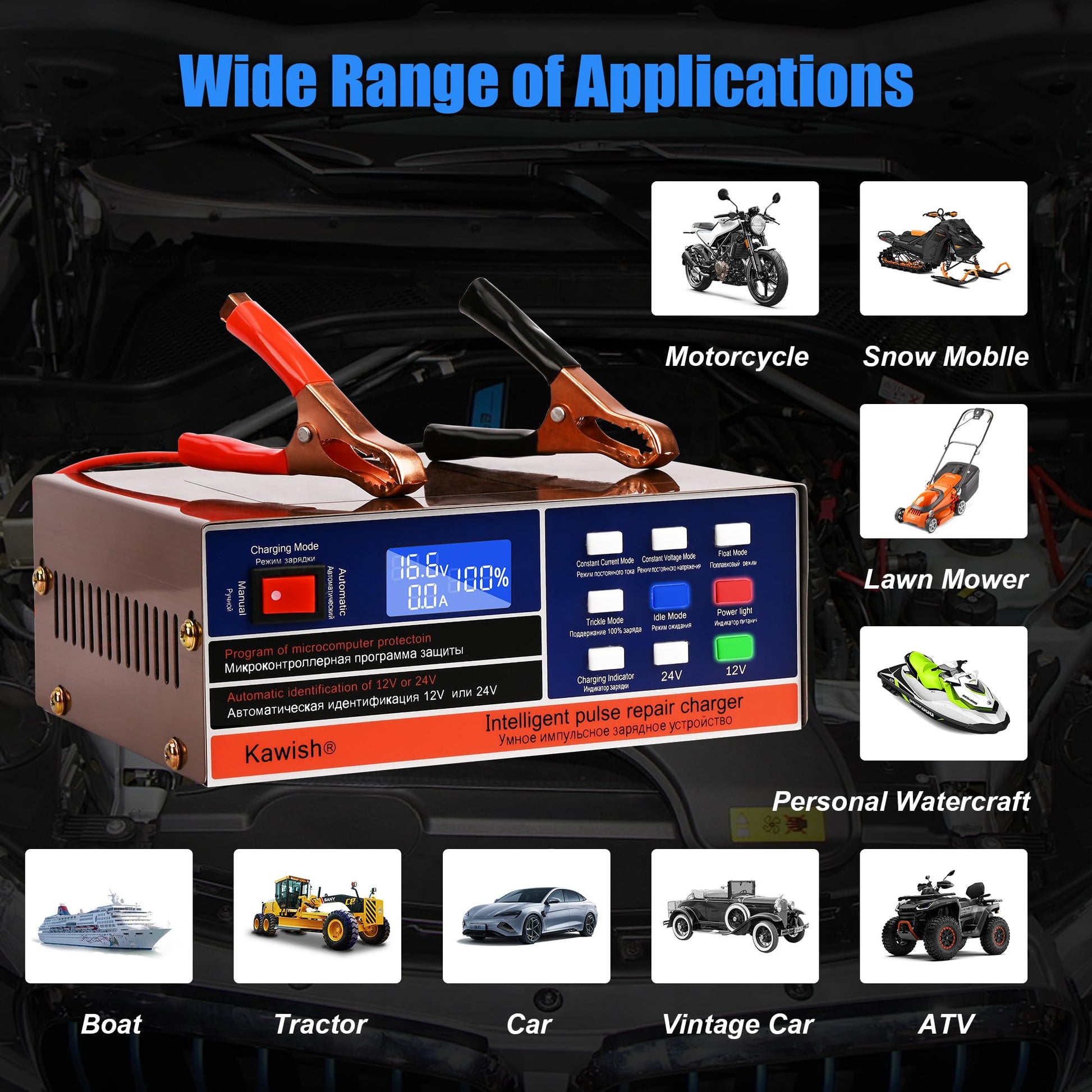 Kawish - Cargador de batería automático completo para coche, 12 V/10 A, 24 V/7.5 A, cargador de batería inteligente para reparación de pulsos, camión, motocicleta, con cepillo para polvo de limpieza