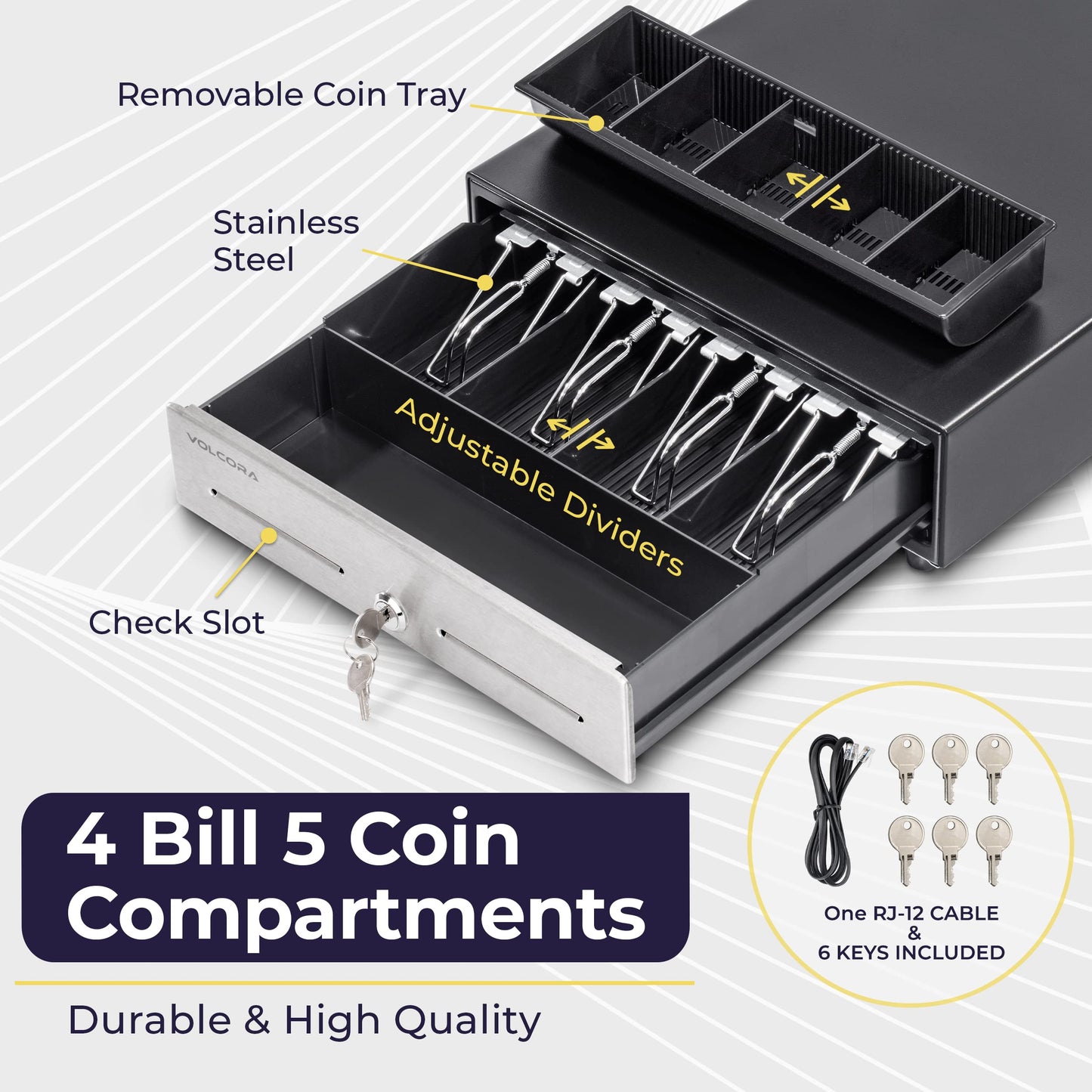 Cajón Registradora Volcora Negro Acero Inoxidable 13 Pulgadas con Bandeja de Efectivo para Sistema POS