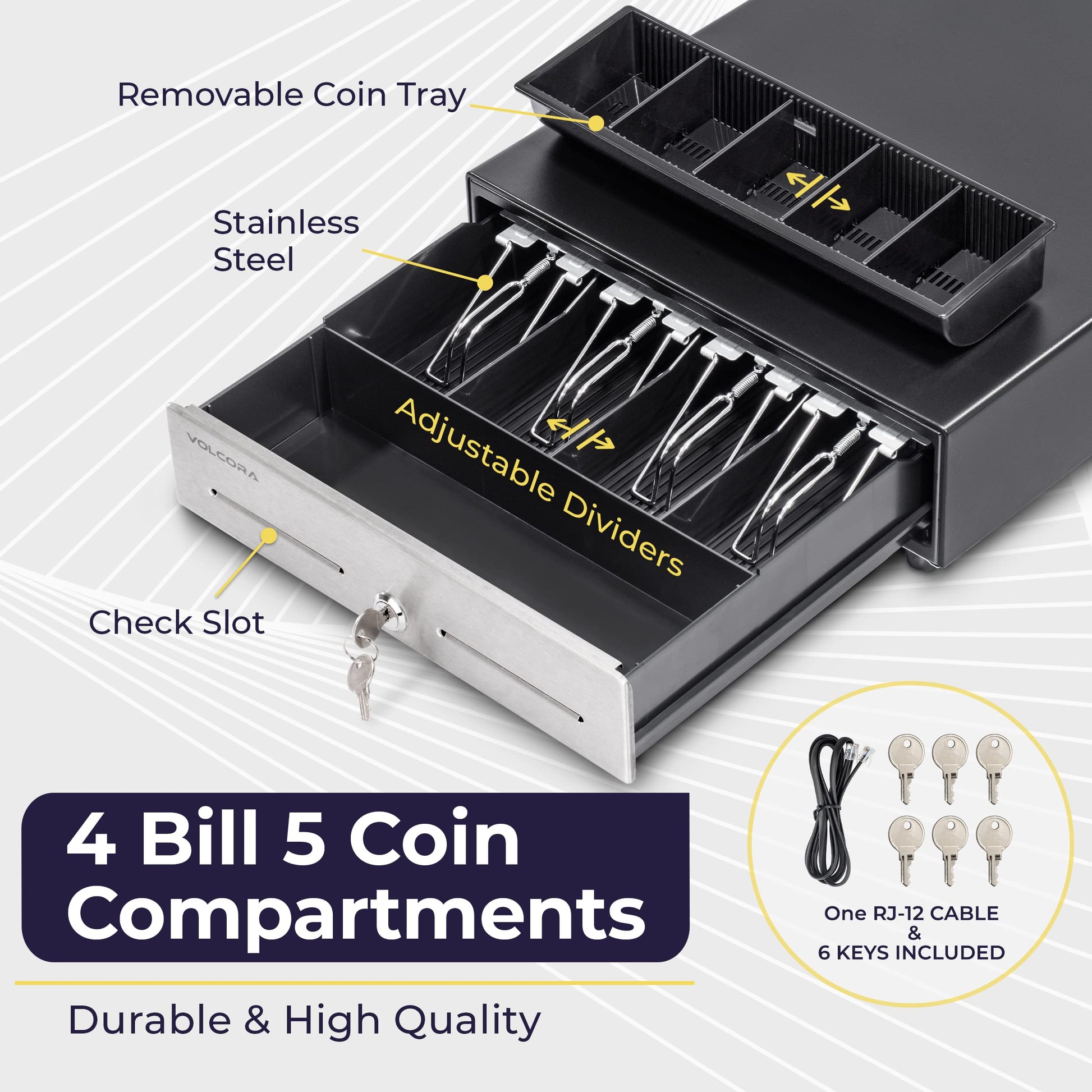 Cajón Registradora Volcora Negro Acero Inoxidable 13 Pulgadas con Bandeja de Efectivo para Sistema POS