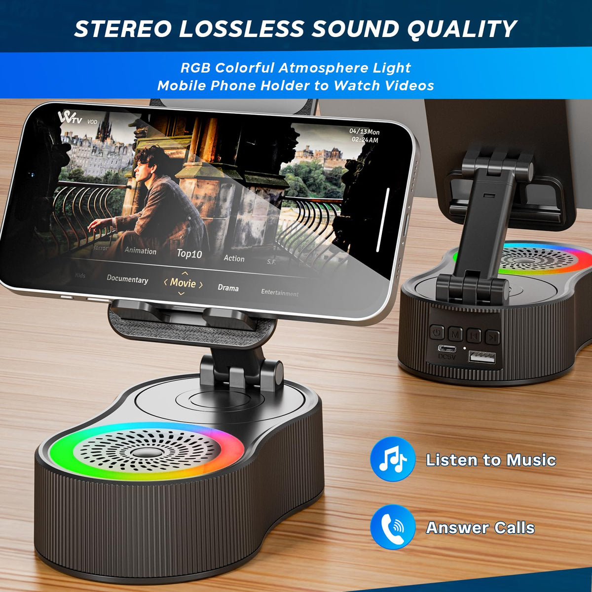 Soporte para Teléfono Celular con Altavoz Bluetooth Inalámbrico Giratorio 360° y Ajustable con Carga para Tableta