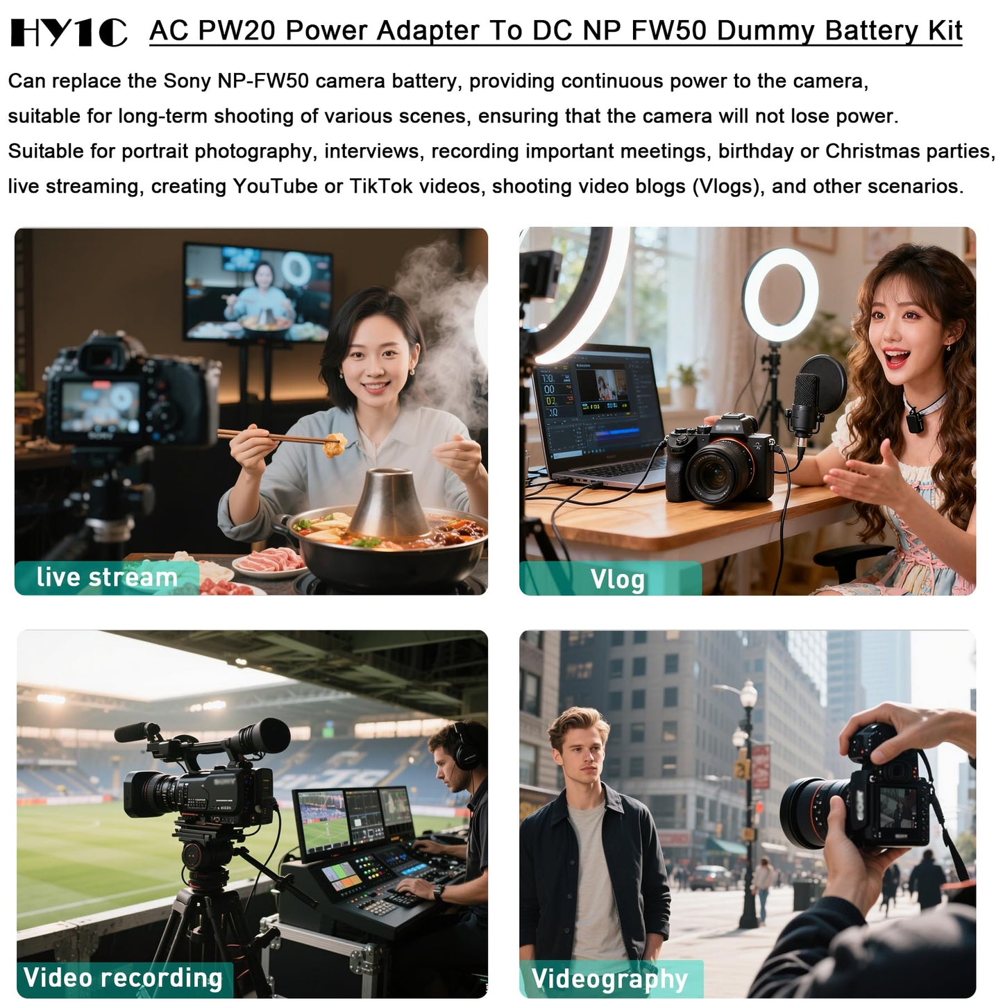 HY1C AC-PW20 CA Adaptador Alimentación Kit Reemplazo NP-FW50 Batería para Sony Alpha A6000 A6100 A6300 A6400 A6500 A5100 ZV-E10 A7 A7II A7SII A7RII A7S A7R Cámaras