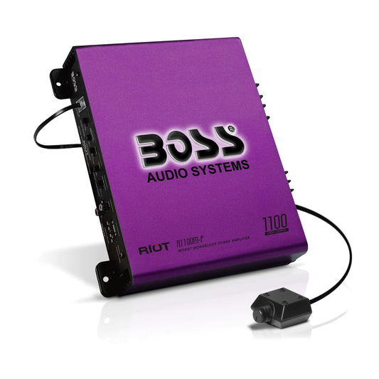 BOSS Audio Systems R1100M-P Riot Series - Amplificador de subwoofer de audio para coche, 1100 de alta salida, monobloque, clase A/B, 2/4 ohmios estable, entradas de nivel bajo/alto, cruce de paso