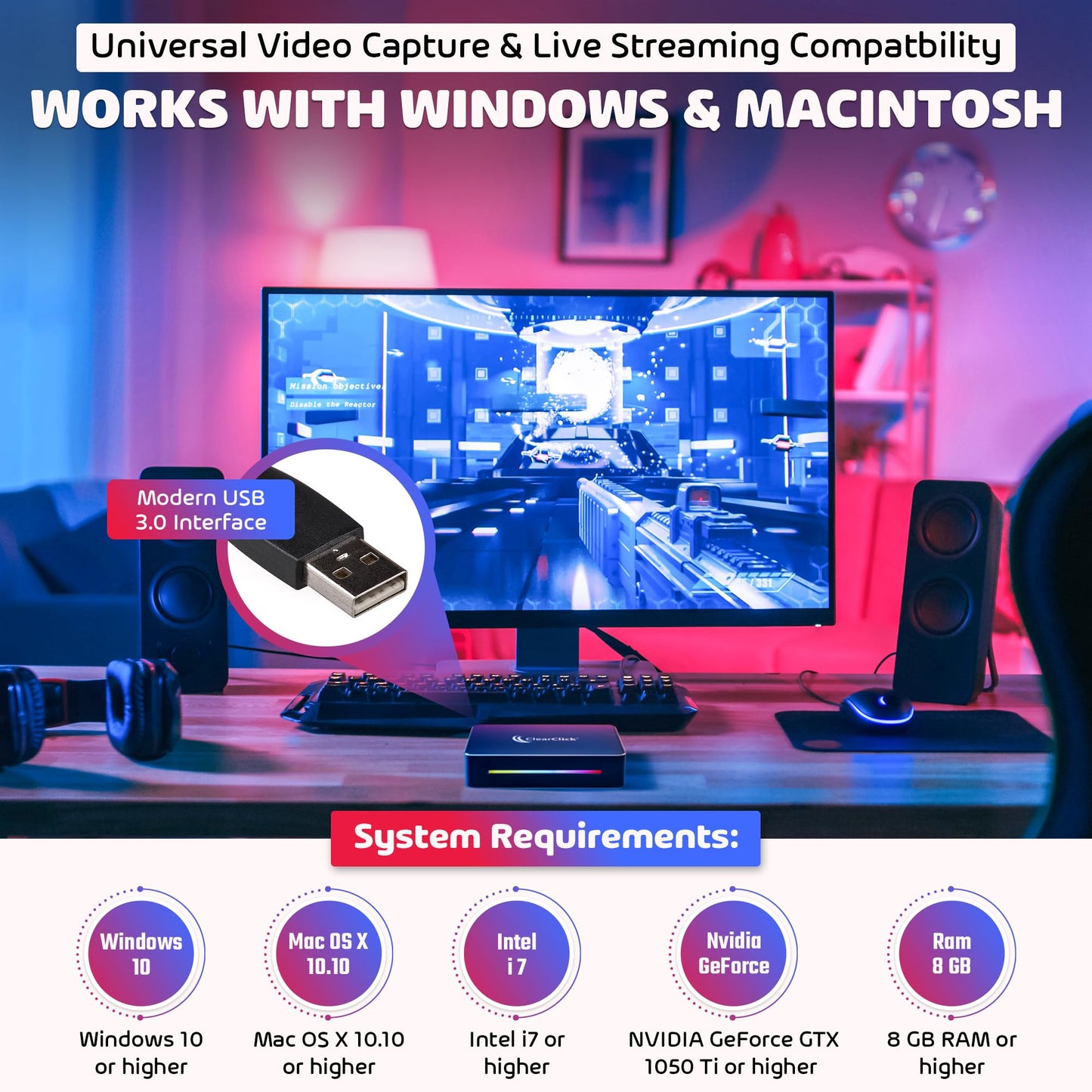 ClearClick - Caja de captura de video HD 4K Extreme - Captura y transmisión en vivo de video HD - Grabación 4K60 verdadera - Entrada HDMI y paso a través - USB Plug & Play
