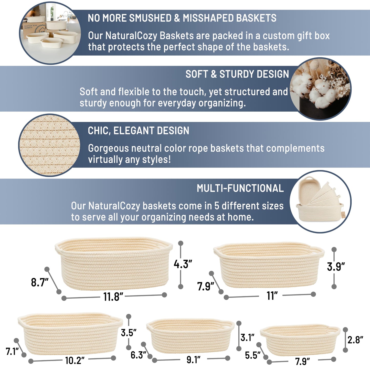 NaturalCozy - Juego de cestas de almacenamiento rectangulares de 5 piezas, canastas tejidas de cuerda de algodón natural para organizar Cesta pequeña para Montessori, guardería de bebé, cestas de juguete para perros, caja de juguetes para gatos, contenedo