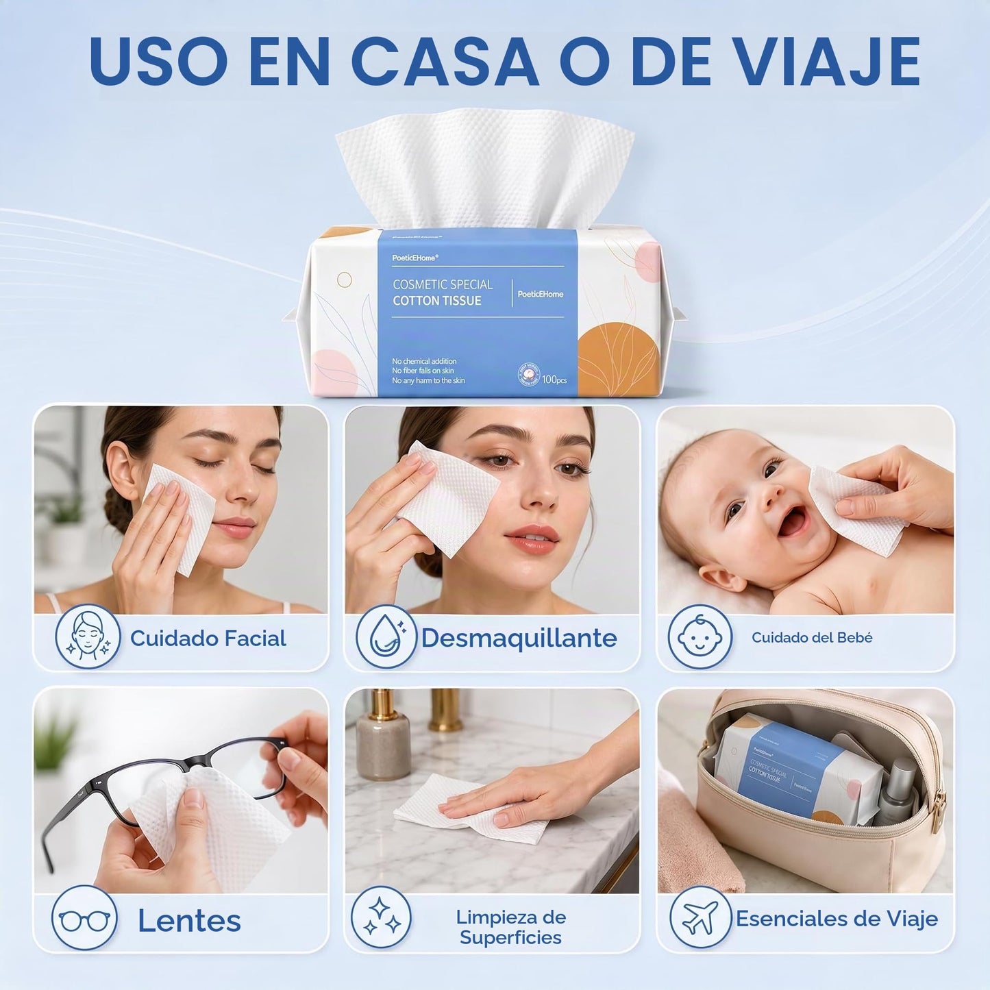 PoeticEHome Paquete de 6 toallitas suaves en seco, 100% algodón, toallas de limpieza facial sin pelusas, desechables, extra gruesas, uso seco y húmedo para piel sensible, eliminación de maquillaje, limpieza de superficies (600 unidades)