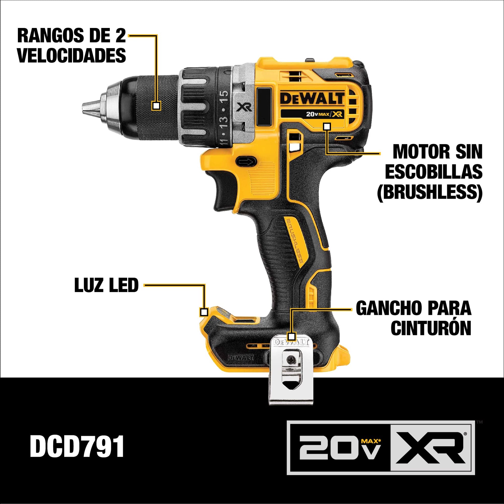 DEWALT Taladro Atornillador 1/2" (13mm), 20V máx, Incluye 2 Baterías y Cargador, DCD791D2
