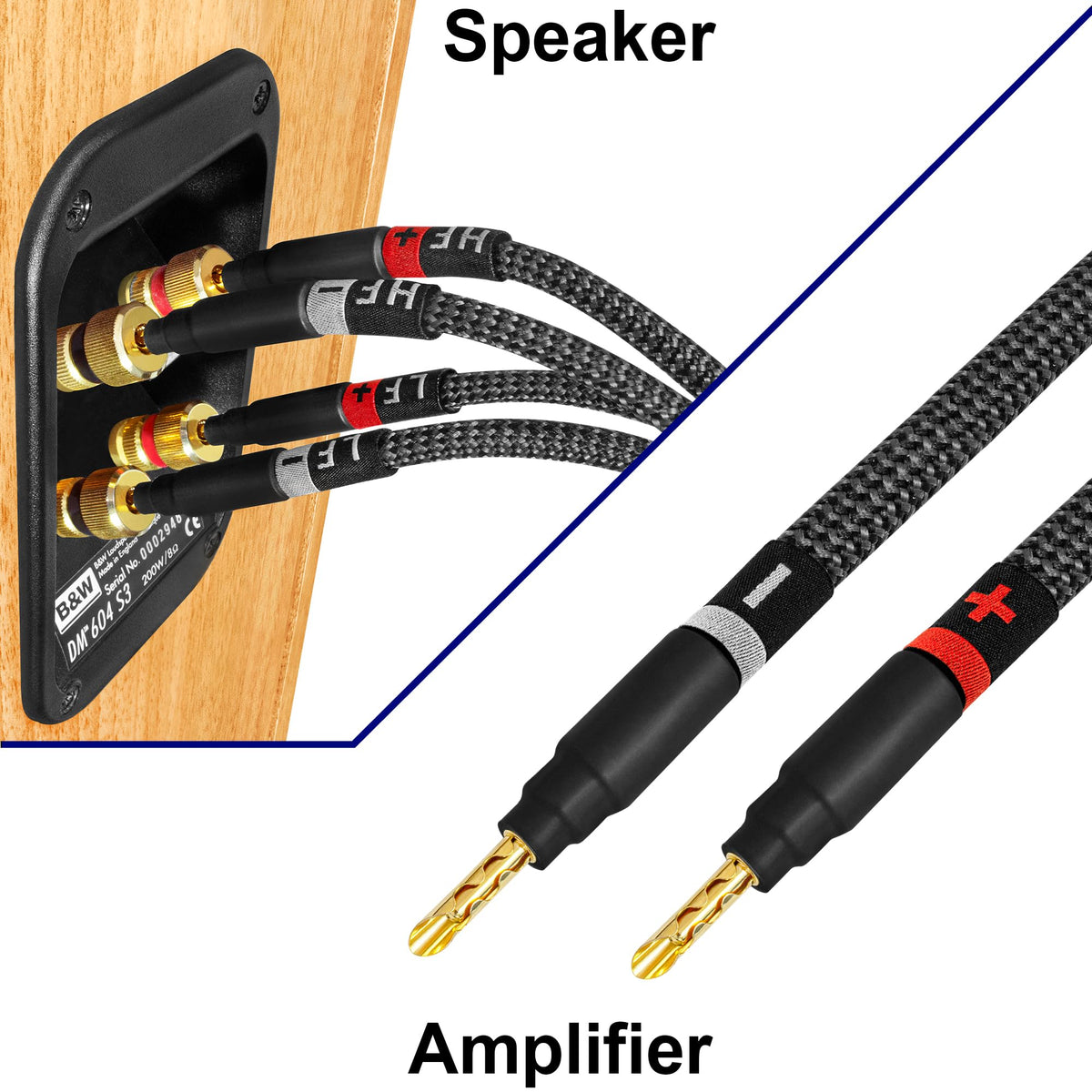 Cable de Altavoz WORLDS BEST CABLES 12 Pies Negro Audiophile HiFi Con Conectores Eminence Gold Para Altavoz Bi-Cable 9 AWG OFC Ultra Puro