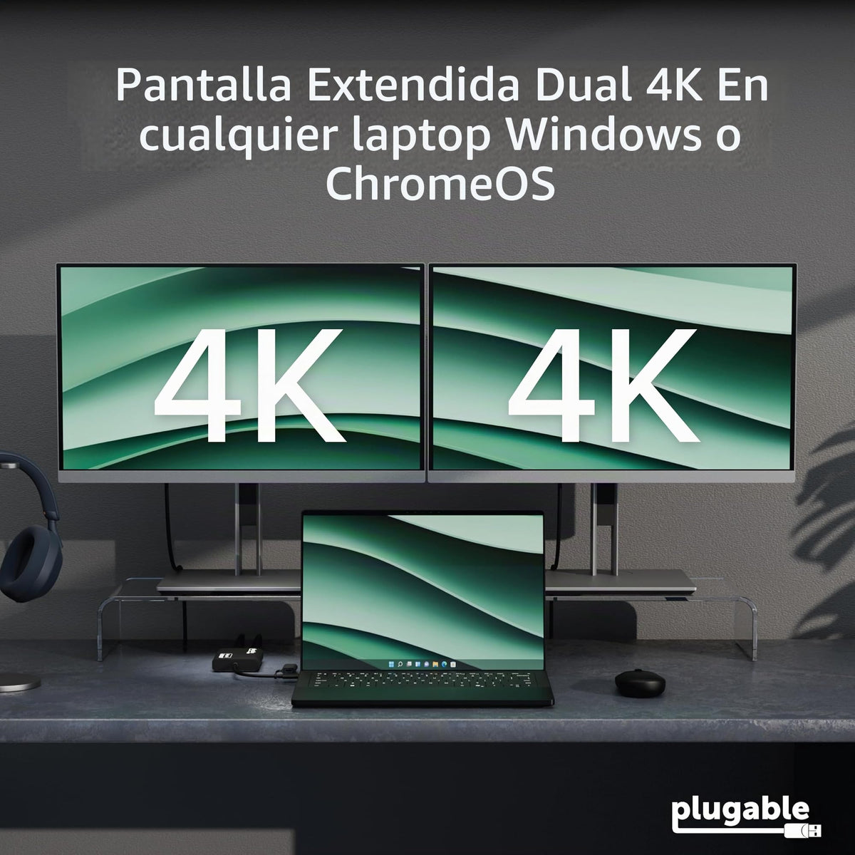 Adaptador de Monitor Dual Plugable Negro 4K para USB 3.0 y USB-C