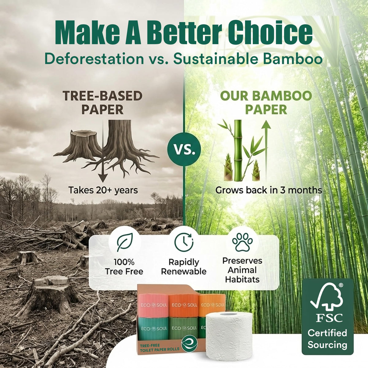 Papel Higiénico ECO SOUL Bamboo Blanco 3 Capas Acolchado Sostenible 36 Rollos Dobles Sin Alérgenos