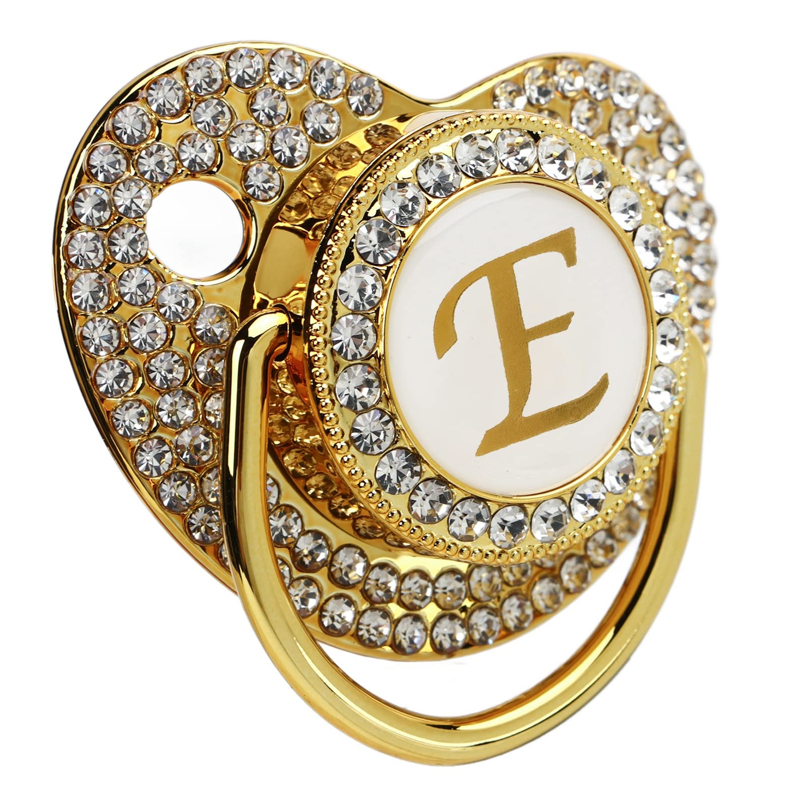 Juego Chupete Personalizado Silicona Dorado con Clip y Cubierta Antipolvo para Recién Nacido Letra E