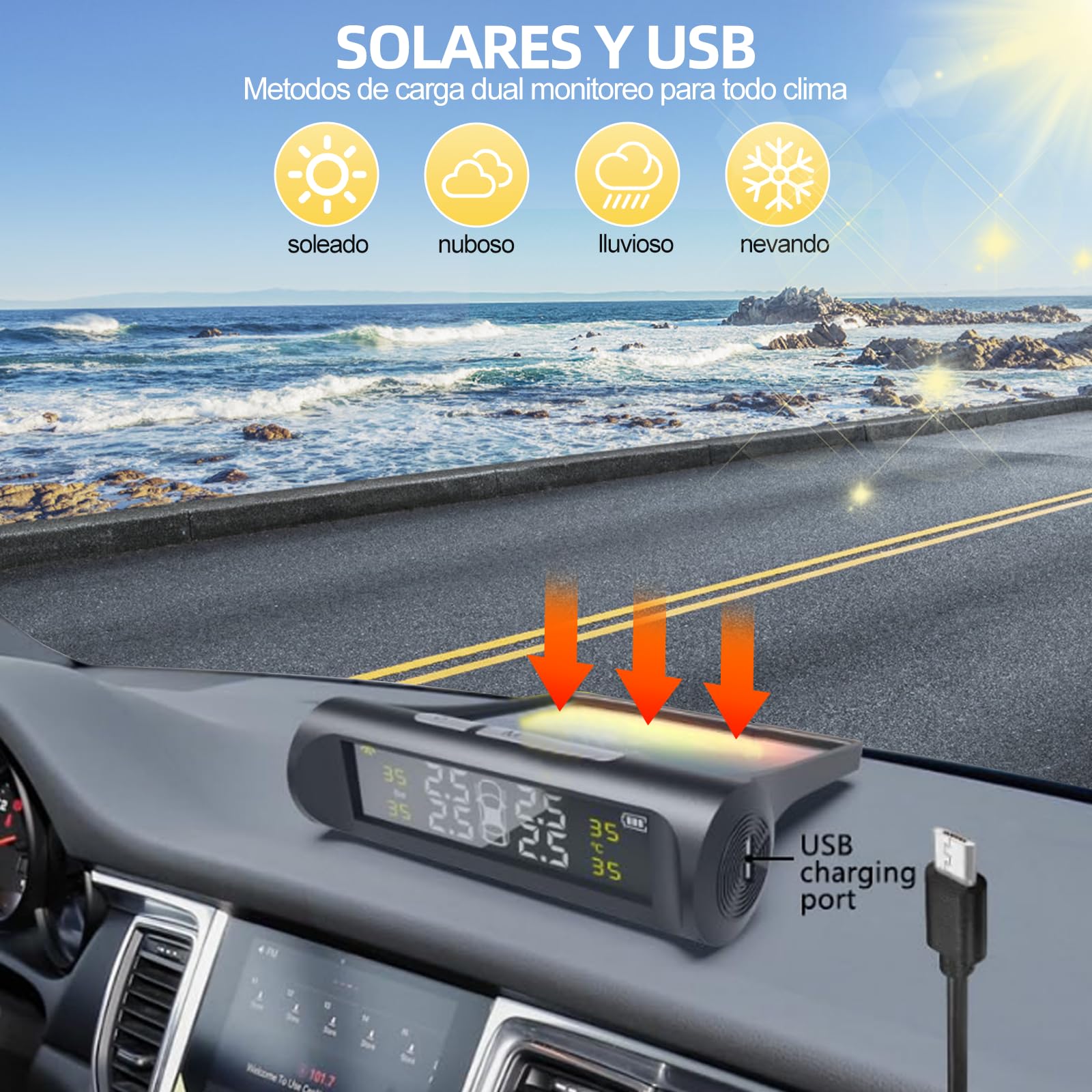 Sistema de Monitoreo de Presión de Neumáticos Inalámbrico con Pantalla LCD en Tiempo Real y Carga Solar USB