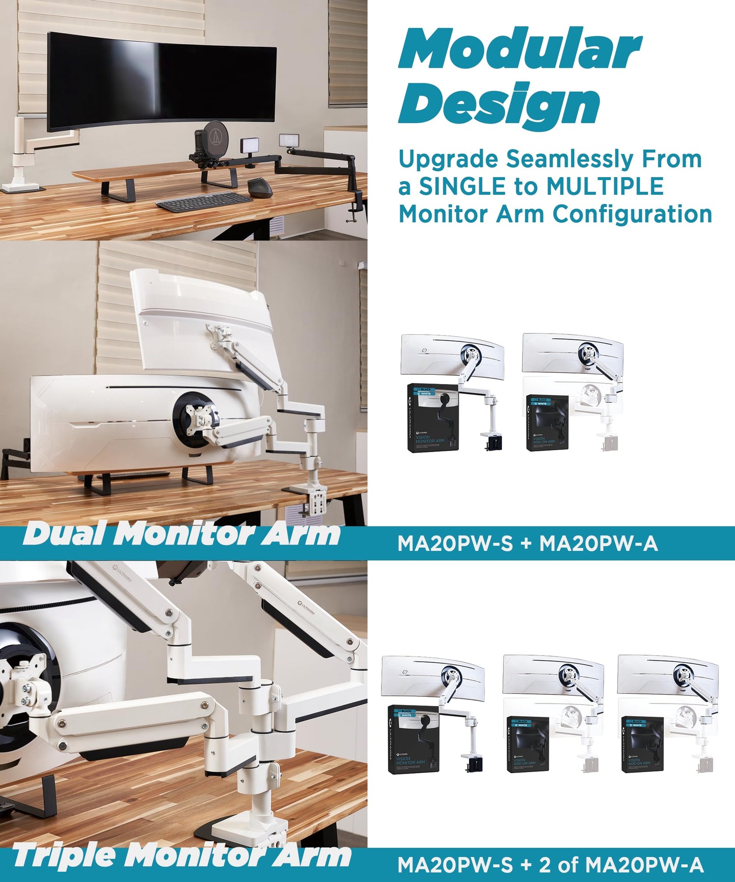Brazo para Monitor ULTRARM Negro Ajustable para Monitores Ultrapanorámicos hasta 57" y 44 Libras