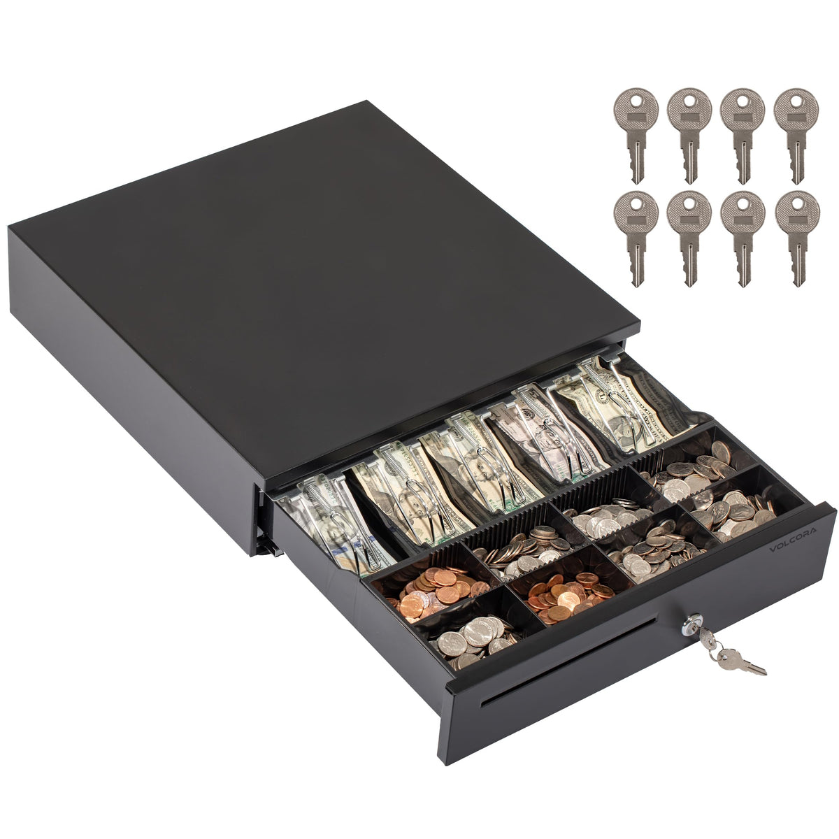 Cajón Electrónico Volcora Negro con Cerradura y Ranuras Ajustables para Sistema POS