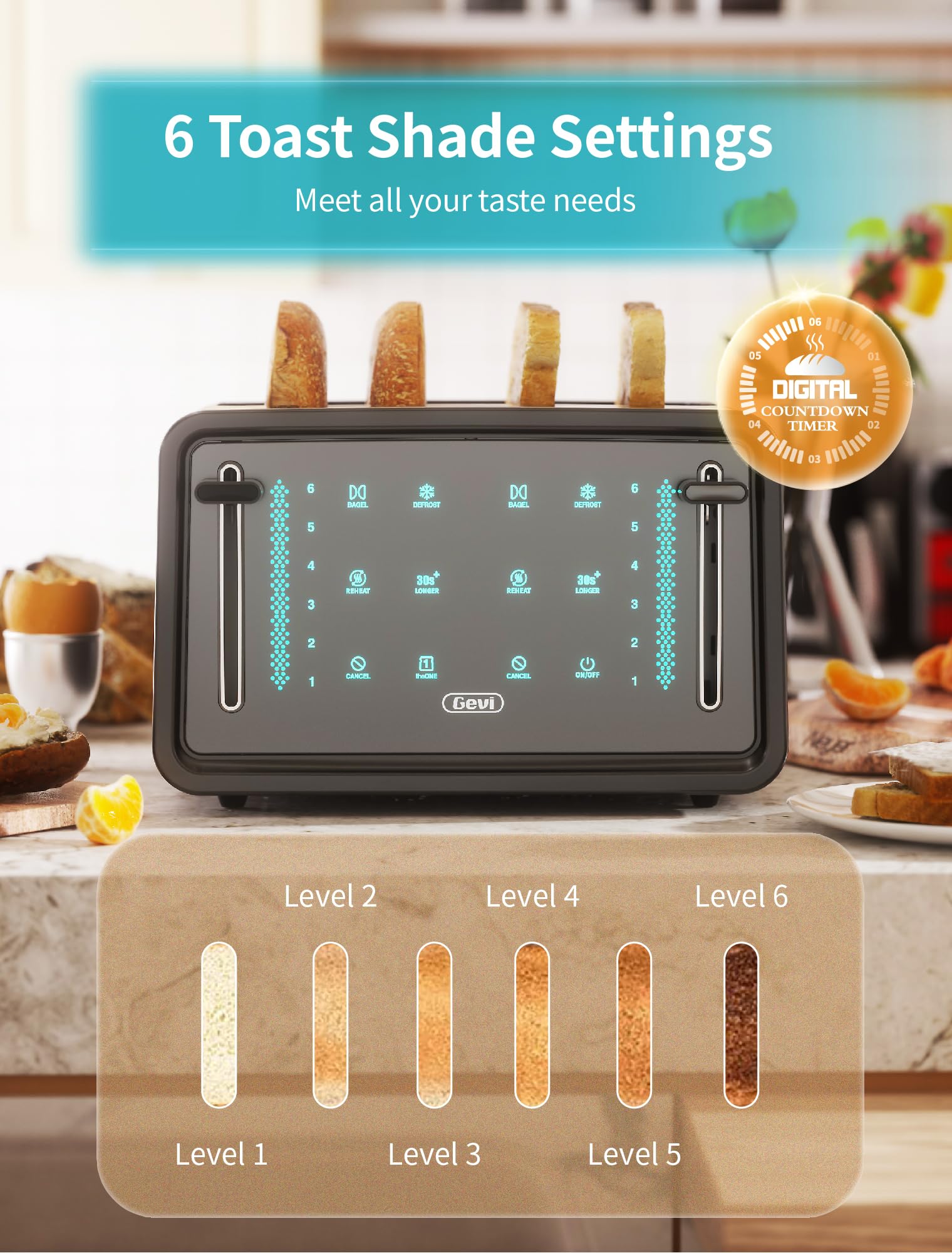 Gevi tostador de 4 rodajas, visualización LED táctil tostador de bagel con paneles de control dual de bagel/recalentamiento/descongelación/cancelación/tostado una rebanada/función más larga, ajuste de 6 tonos