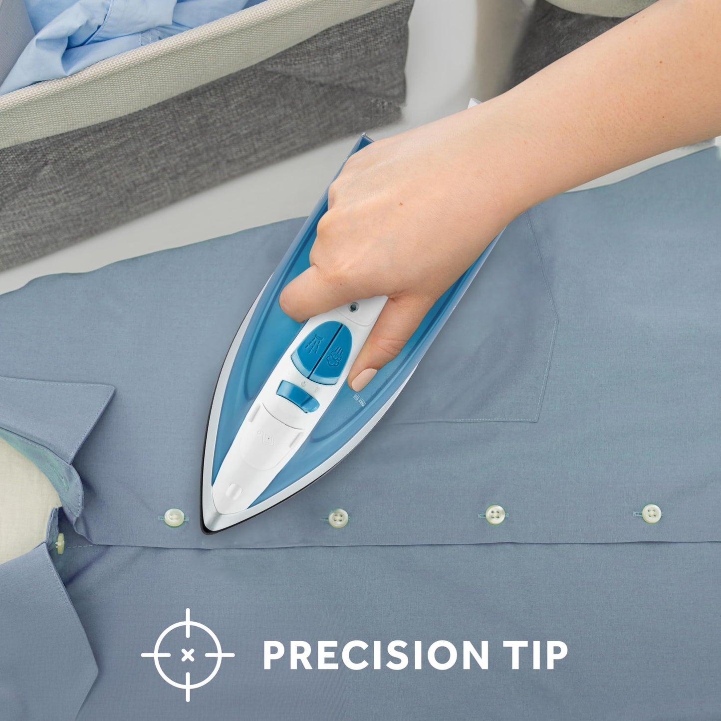 Plancha de Vapor Sunbeam Blanco Azul con Suela Antiadherente y Punta de Precisión