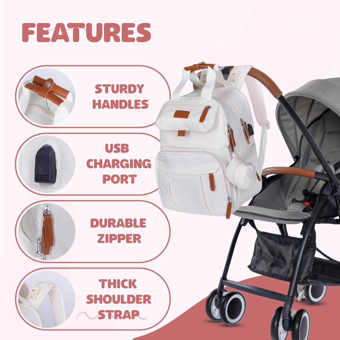 Nestlys - Mochila para pañales para bebé, Beige, Large, Moderno