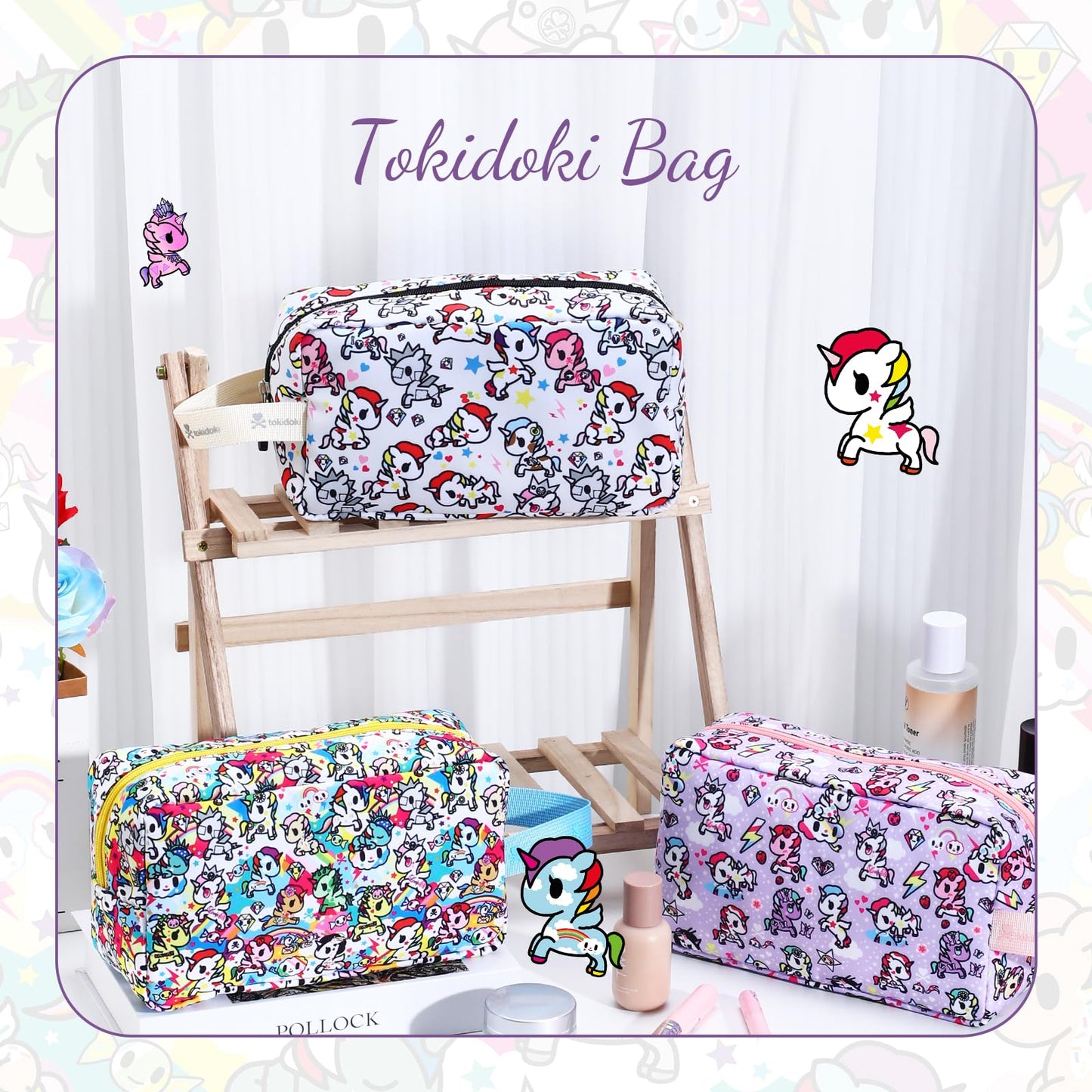 Tokidoki Unicorno Bolsa de maquillaje de viaje para mujer, bonita bolsa de cosméticos de gran capacidad, bolsa de artículos de cambiador portátil de dibujos animados para viajes, trabajo, oficina