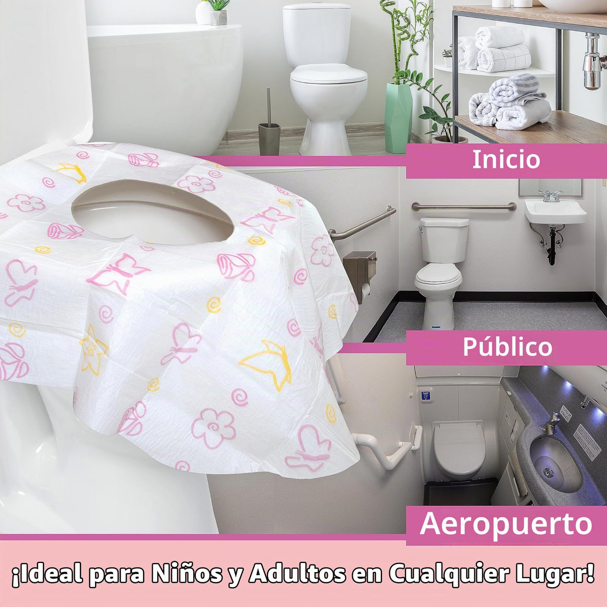 Potty Shields Fundas desechables para asientos de inodoro para niños y adultos (paquete de 12), Protección contra gérmenes de baños públicos, Impermeables, XL para cubrir TODO el inodoro, Rosa/Floral
