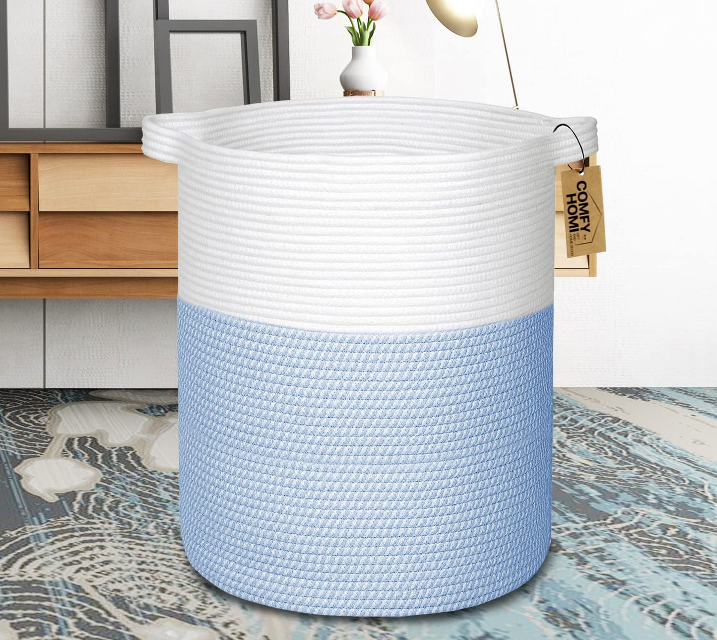 COMFY-HOMI - Cesta grande para lavandería con asas, canastas de manta para sala de estar, cuerda de algodón tejida, cesta decorativa de lavandería, regalo para bebé, guardería, perro, organizador de