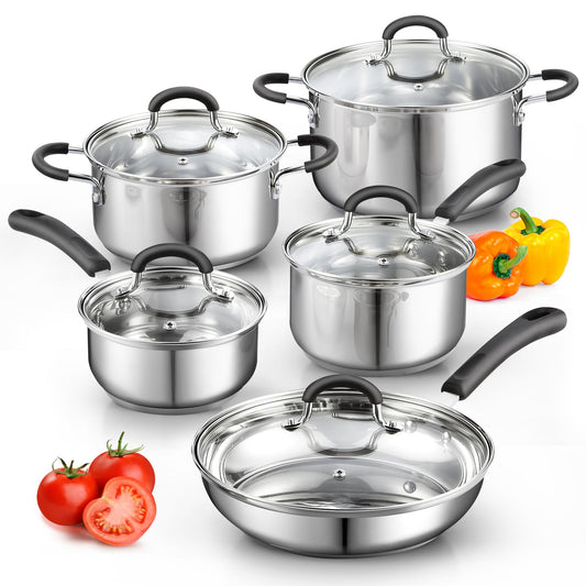 Cook N Home - Juego de utensilios de cocina de acero inoxidable, 10 piezas, ollas y sartenes, juego de cocina con asas que se mantienen frescas, apto para lavaplatos, plateado