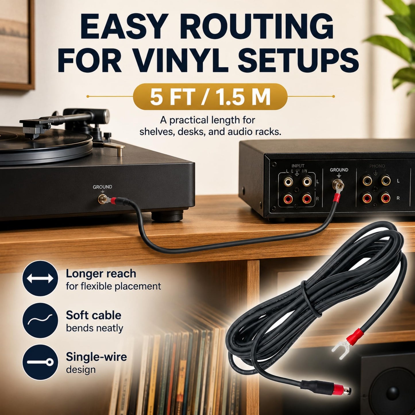 Sam&Johnny Phonograph Turntable Ground Wire for Technics Black Turntable SL-BD10, BD20, BD22, BD35 etc, Silicone Soft Grounding Wire Cable(5-ft)