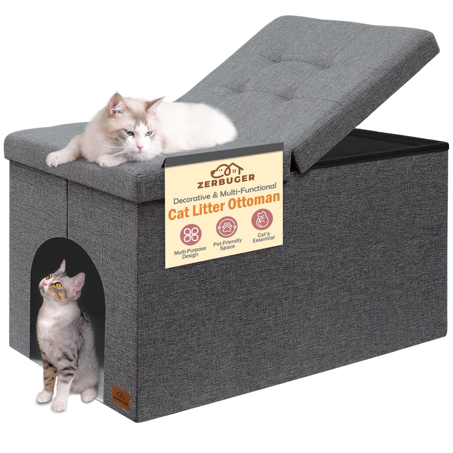 Caja de arena para gatos, caja de arena oculta, tapa abatible extragrande, clóset de almacenamiento para bancos de baño para gatos, a prueba de perros, fácil montaje, gris (mediano (30 x 20 x 20