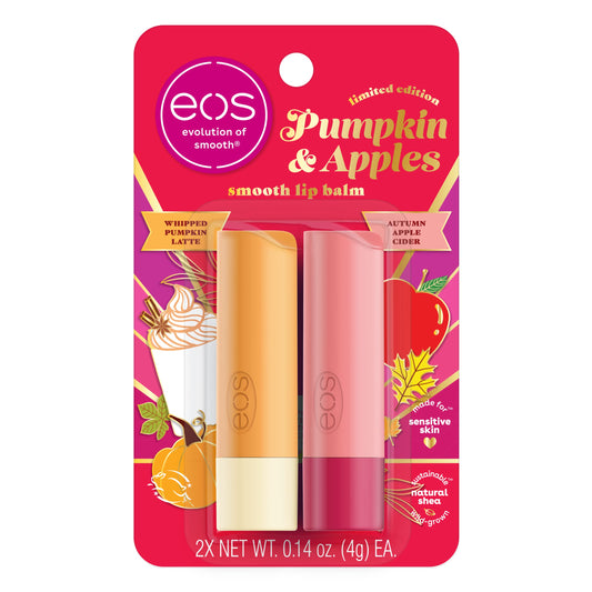 eos Bálsamo labial suave de edición limitada, con leche de calabaza batida y sidra de manzana de otoño, hecho para piel sensible, humedad durante todo el día, paquete de 2