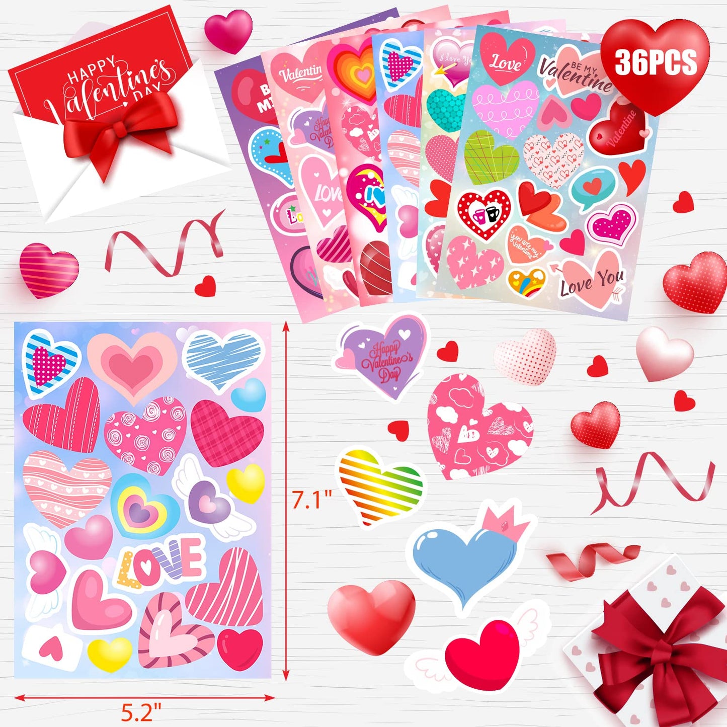 36 hojas de calcomanías para el día de San Valentín, calcomanías de corazón de San Valentín, calcomanías de amor para niños, tarjetas de manualidades, álbumes de recortes, regalos de fiesta, bodas, aniversarios