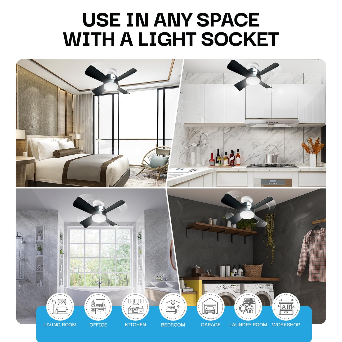 Bell + Howell - Ventilador de techo con socket, con luces led y control remoto, repuesto de foco, para dormitorio, cocina, sala, 1000 lúmenes, 5000 Kelvins, negro