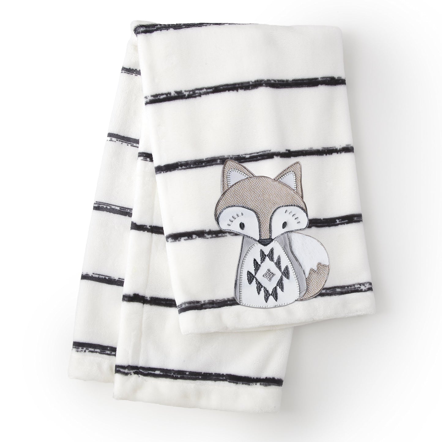 Levtex Baby - Manta de felpa Bailey - Zorro aplicado y bordado sobre felpa a rayas - Carbón, gris pardo, blanco - Accesorios para guardería - Tamaño de la manta: 76.2 x 101.6 cm