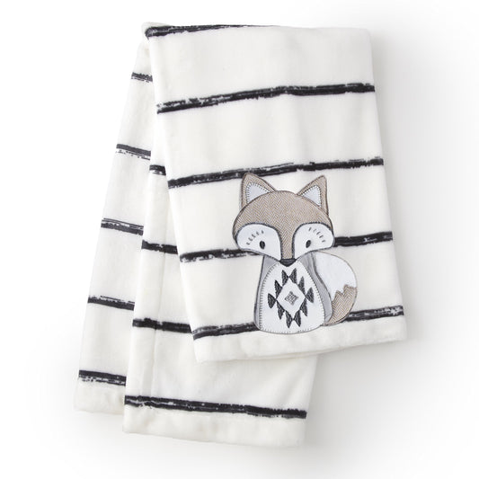 Levtex Baby - Manta de felpa Bailey - Zorro aplicado y bordado sobre felpa a rayas - Carbón, gris pardo, blanco - Accesorios para guardería - Tamaño de la manta: 76.2 x 101.6 cm