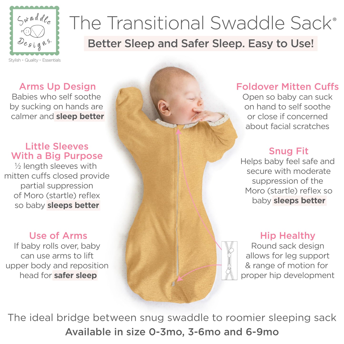 SwaddleDesigns - Saco de Envolver transicional, Mangas de Media Longitud y puños de manopla, para la transición del recién Nacido al Saco de Dormir del bebé, Manta portátil, pequeña, 0-3 Meses, 6-14