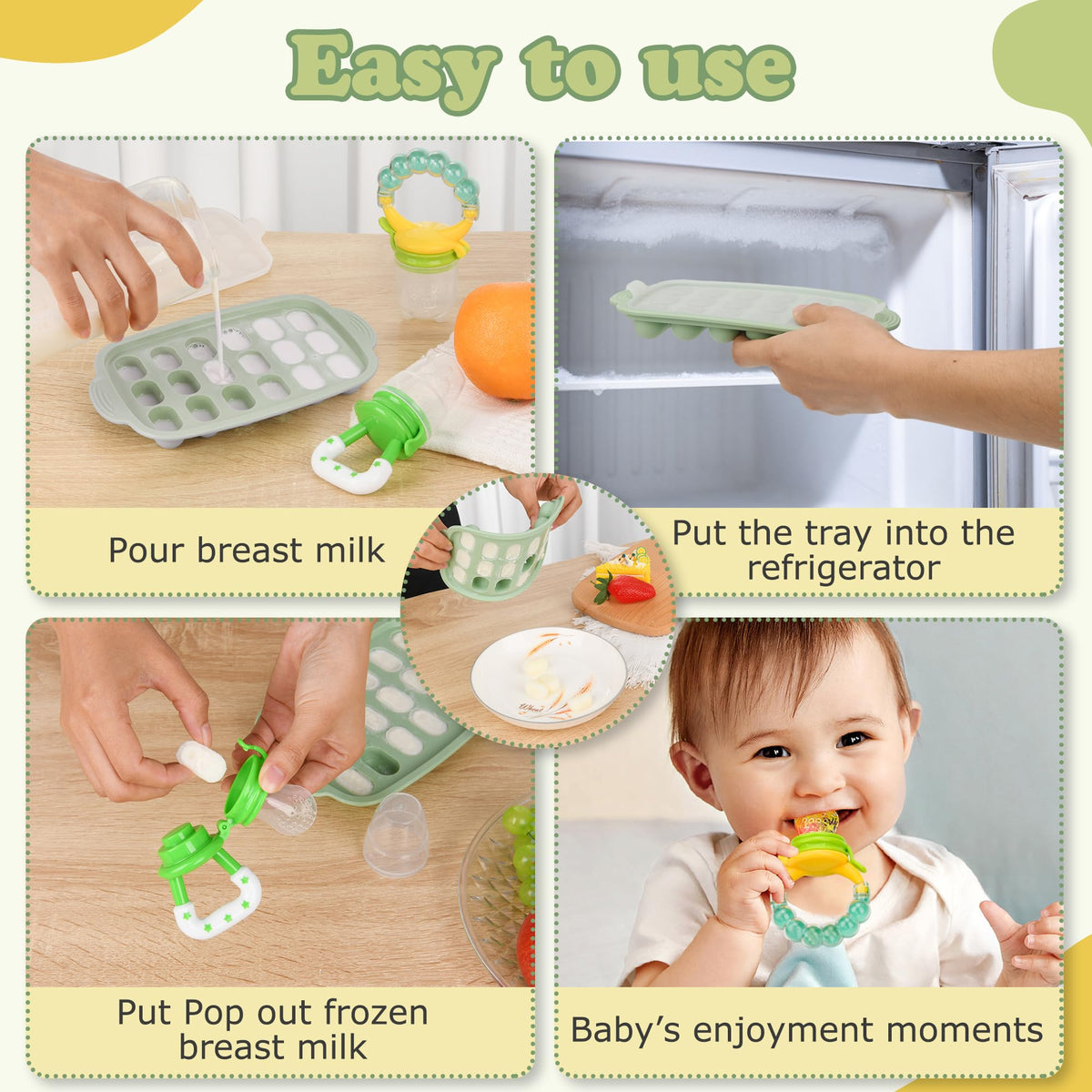 WAJIAYON - Alimentador de frutas para bebés y moldes para paletas de leche materna, bandeja de almacenamiento para congeladores de alimentos para bebés, alimentador para chupetes y mordedores