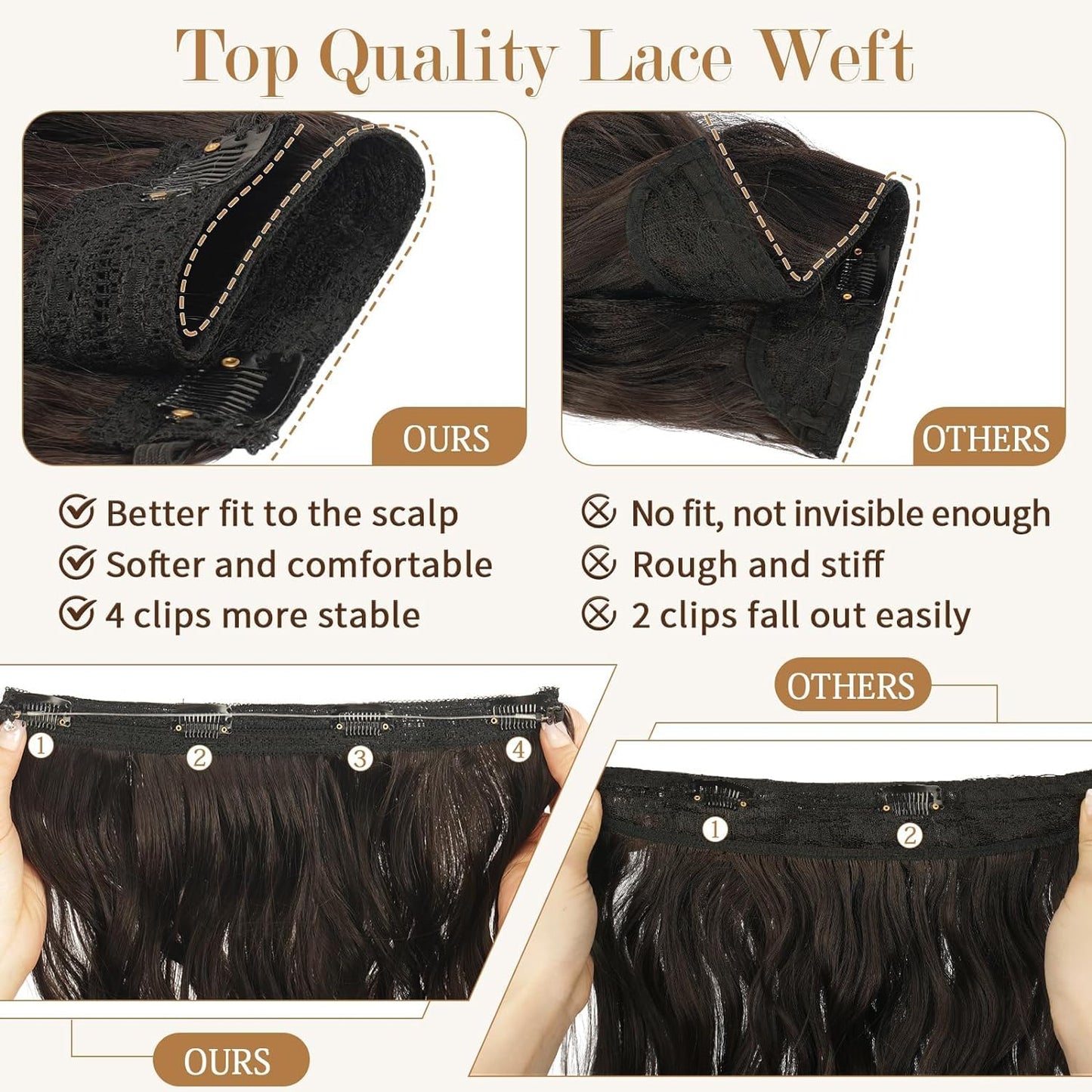 Extensiones de Cabello Natural Ondulado, Extensión de Liga, Extensiones de Cabello Ondulado, Extensiones Halo con Diadema Invisible, 3/4 Cabeza Completa Ondulada Extensiones Cabello con Clip Seguros Extraíbles, Tamaño Ajustable, Resistente al Calor Extraí