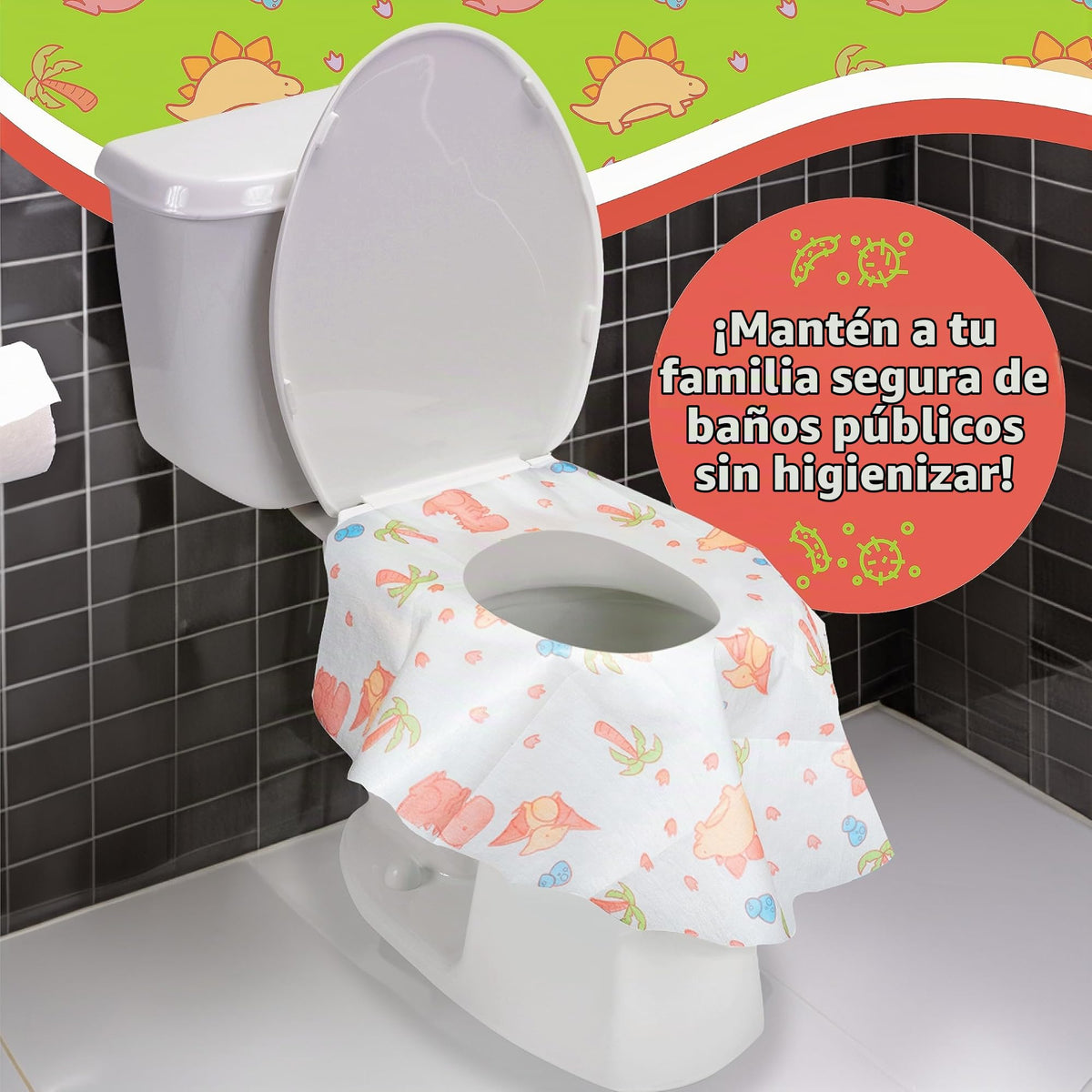 POTTY SHIELDS Funda de inodoro impermeable XL para niños y adultos, portátil e individualmente envuelta para viajes, dinosaurios (20 unidades)