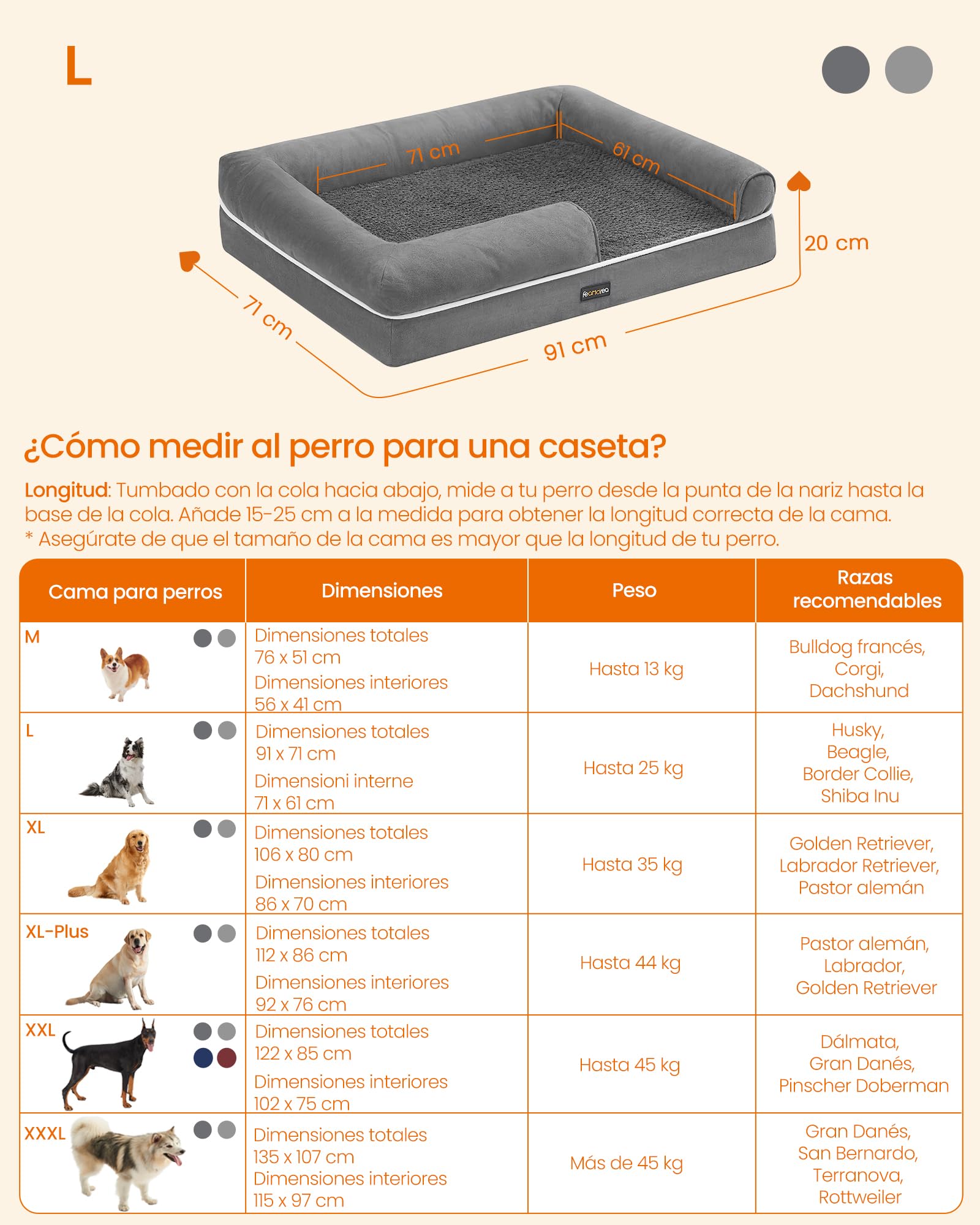 Cama Ortopédica para Perros Feandrea Gris Claro Funda Extraíble y Lavable