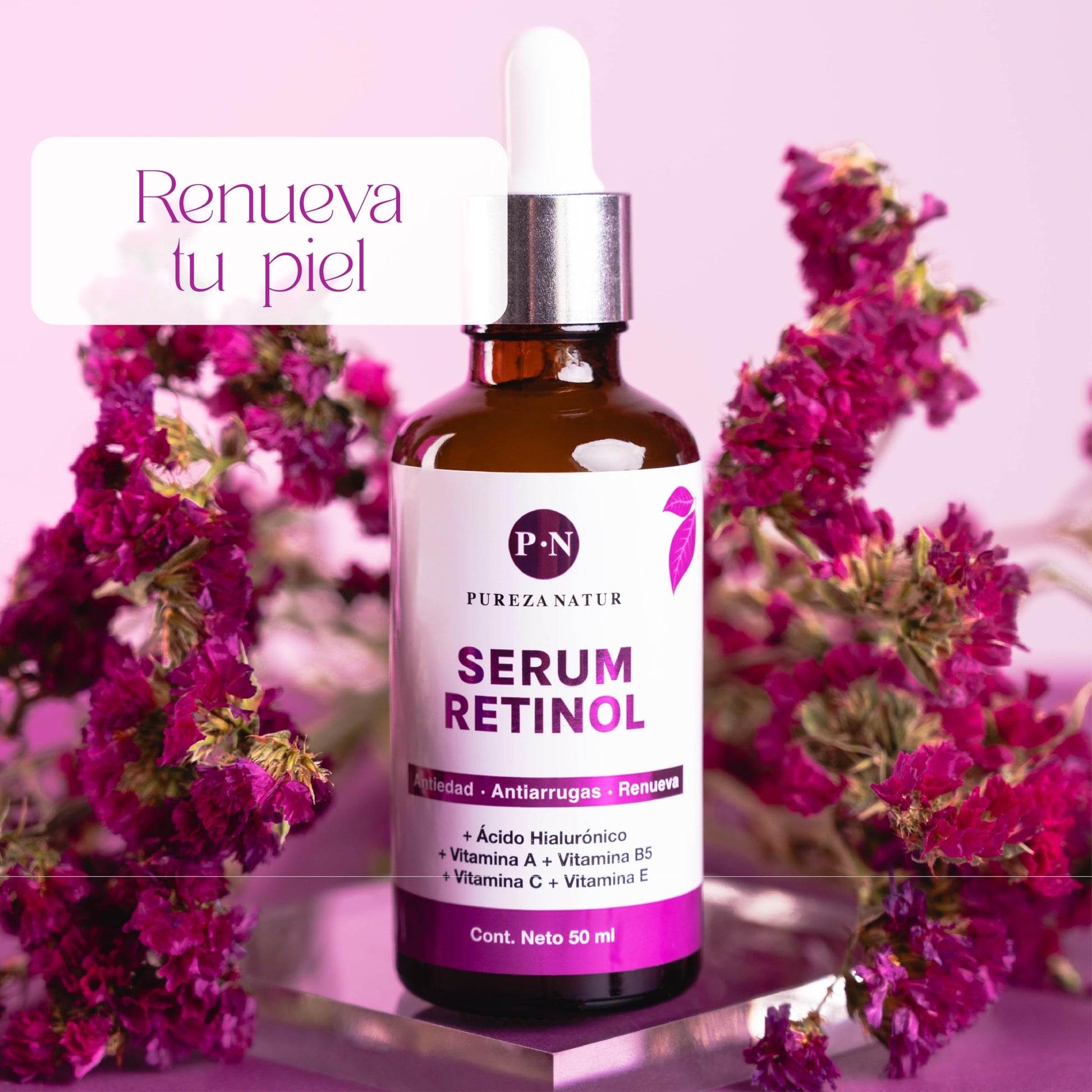 PUREZA NATUR Serum Retinol + Vitaminas A, B5, E, C + Acido hialuronico facial hidratante y reparador | Suero Reductor de líneas de expresión e imperfecciones en la piel 50ml